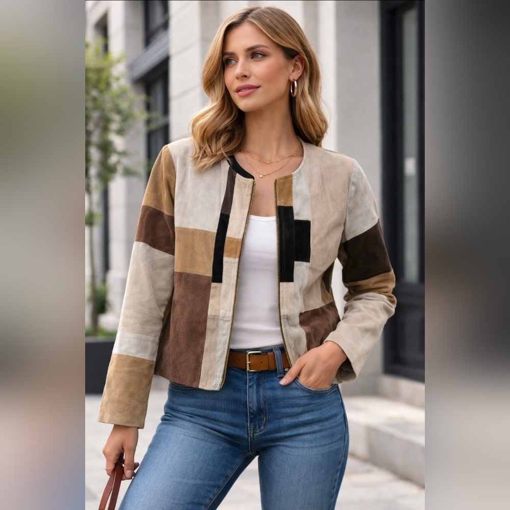 Vintage Karen Arnold Patchwork Suede Leather Jacket Neutral Colorblock